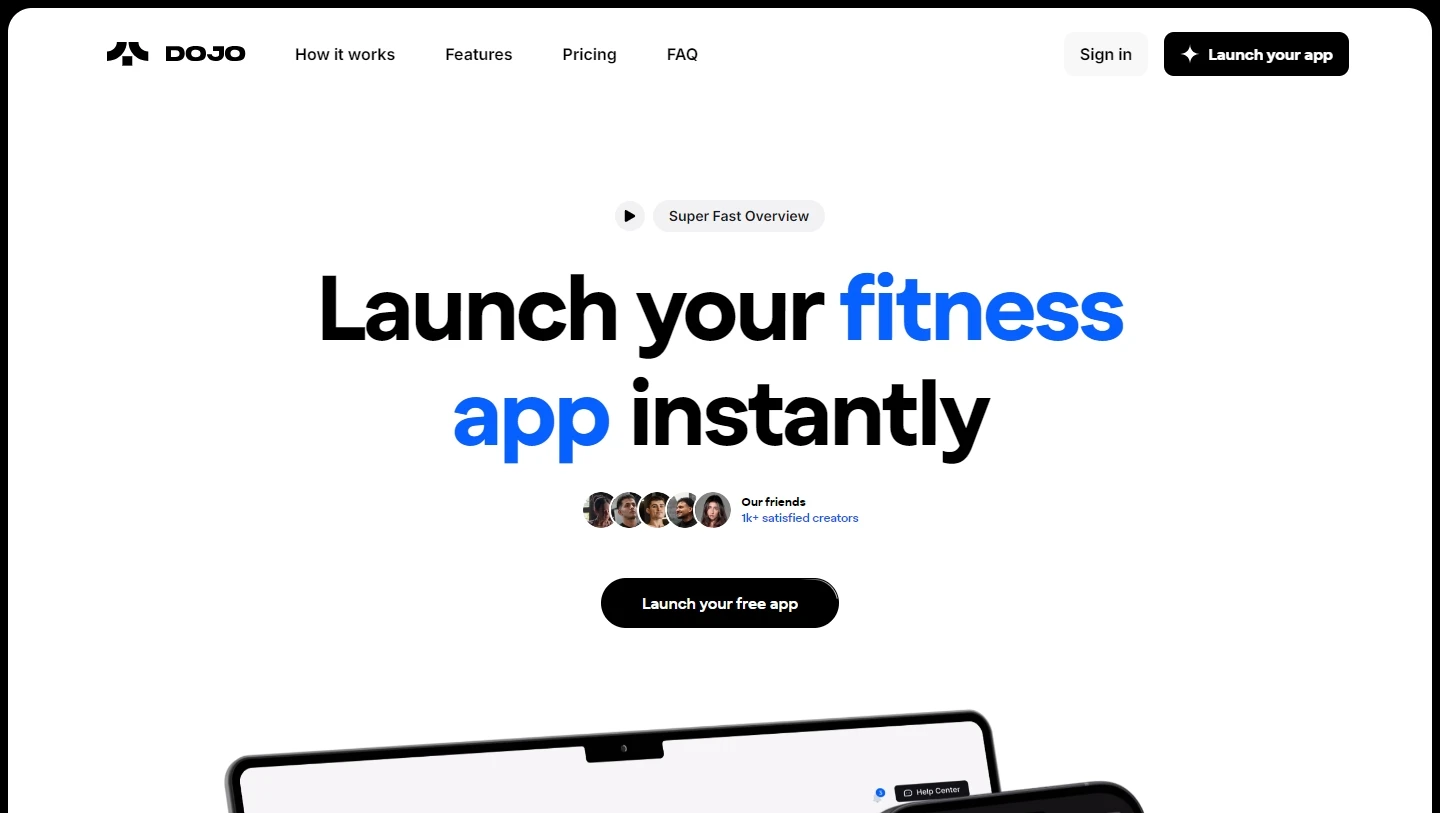 Dojo — White-label fitness-app platform where creators and PTs launch branded iOS & Android apps, a control room, and a shop, monetised on a revenue-share model.