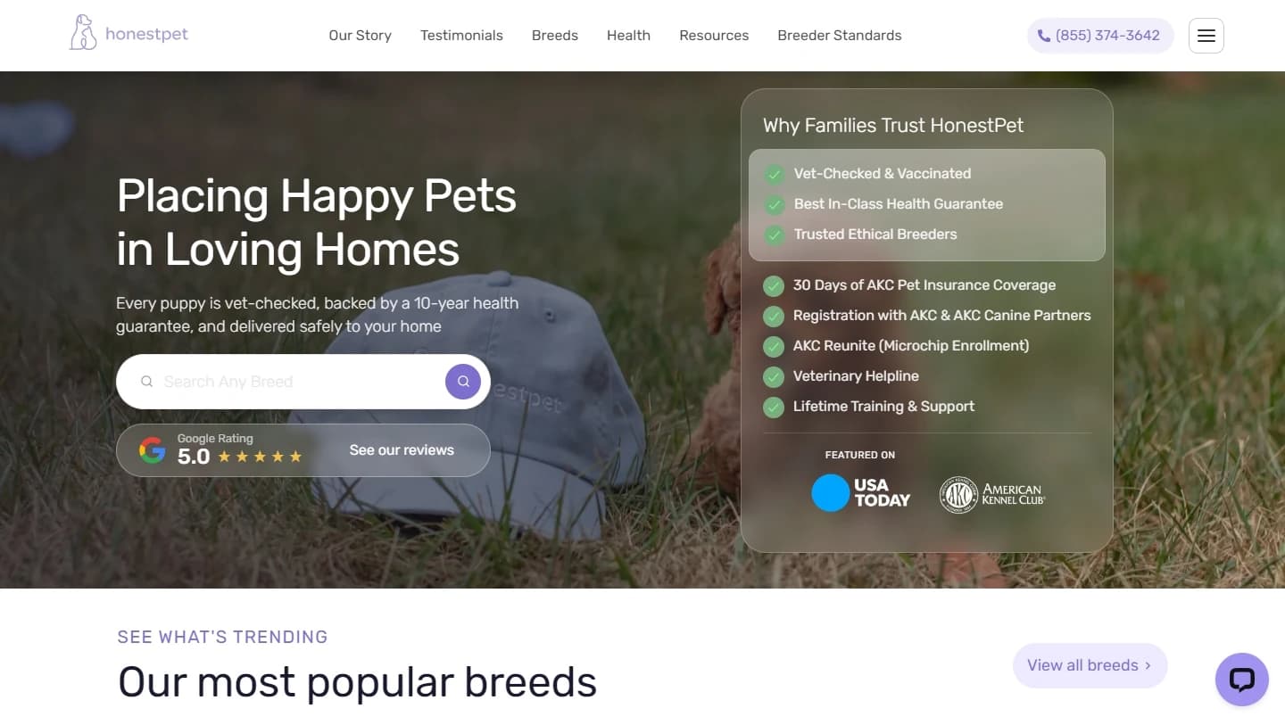 HonestPet — Trust-led marketing site and puppy marketplace for an ethical-breeder platform in the US, with filterable listings, a breed-match quiz, dual breeder/customer signup, and lifetime-support storytelling.