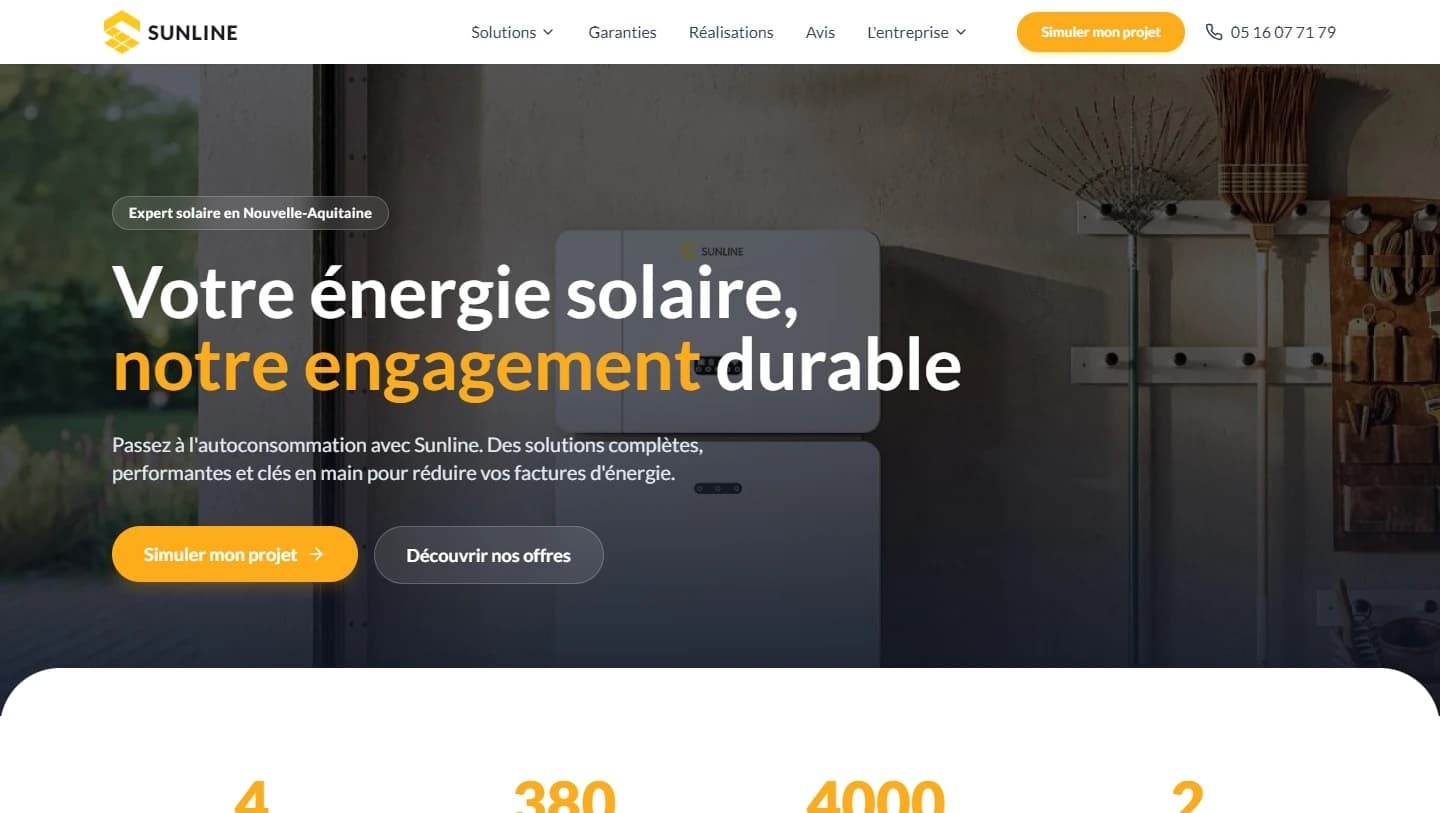 Sunline — Marketing site and lead-gen funnel for a solar-installation company in Nouvelle-Aquitaine, with tiered offers, a project simulator, and a map of completed installations.